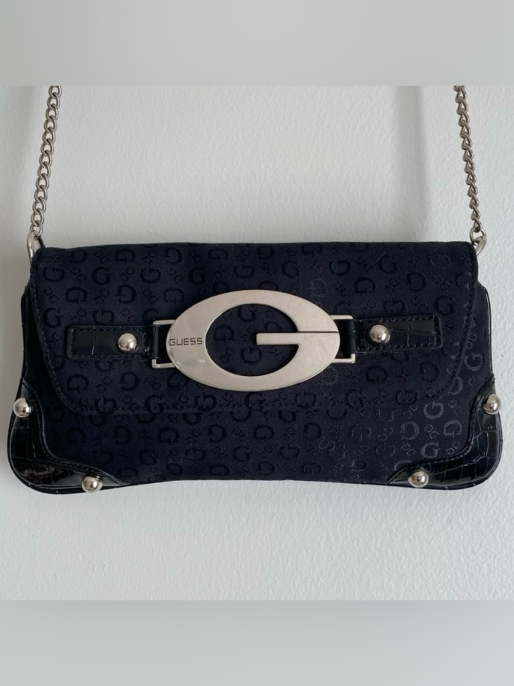 Guess Black and Silver Clutch Purse with Chain Strap